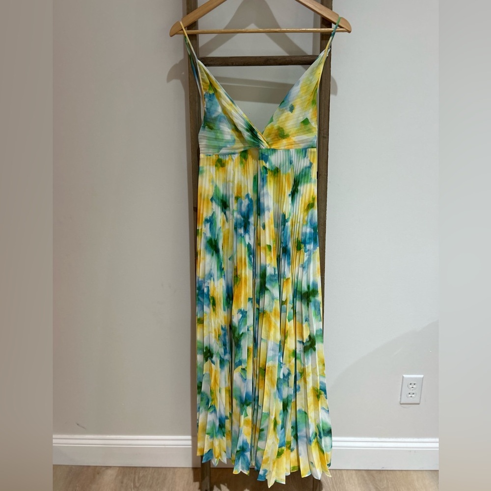 MISA Los Angeles Galeta Maxi Dress Citron Floral Water Color Pleated Size S NWT